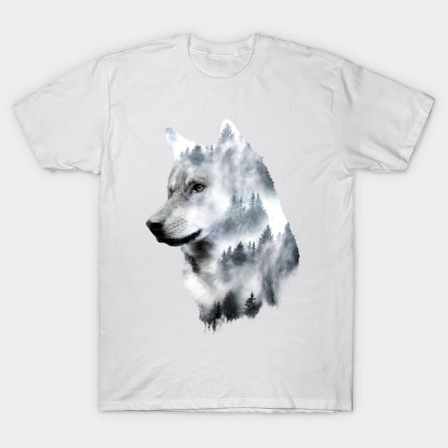 Dramabite Double exposure wolf surreal wildlife animal T-Shirt by dramabite